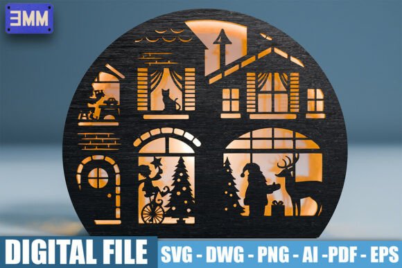 3D Christmas House Scene Laser Cut File