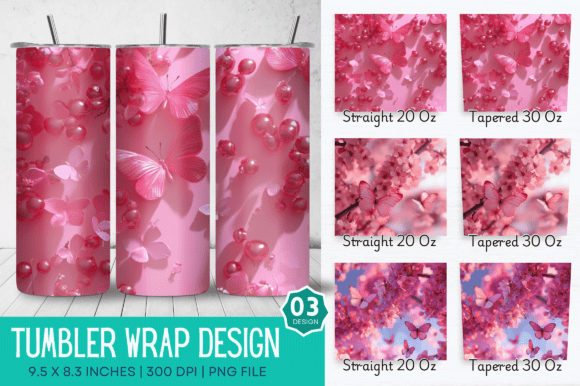 3D Pink Butterflies Cherry Tumbler Design