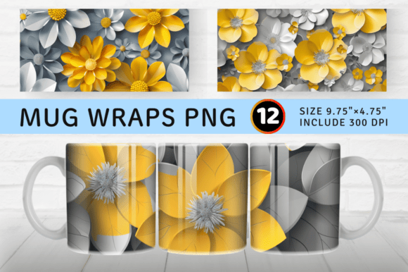 Grey Yellow 3D Flowers Mug Wrap Sublim