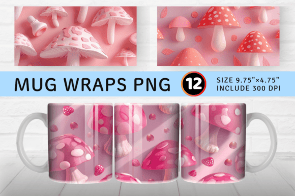 Pink 3D Mushrooms Mug Wrap Design