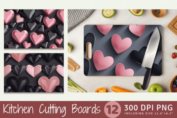 Pink Black 3D Hearts Cutting Boards