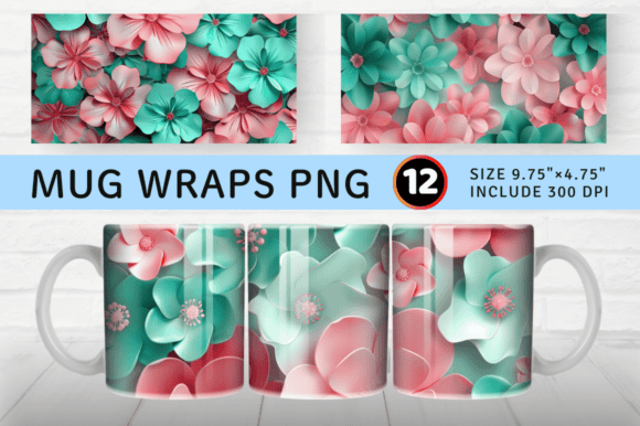 Pink Teal 3D Flowers Mug Wrap Design