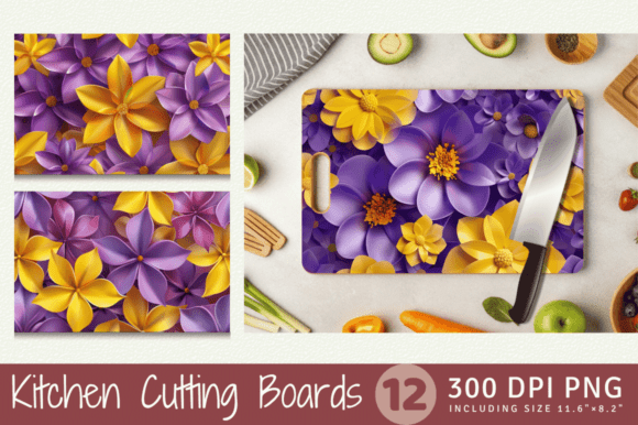 Purple Yellow 3D Flowers Cutting Board Design