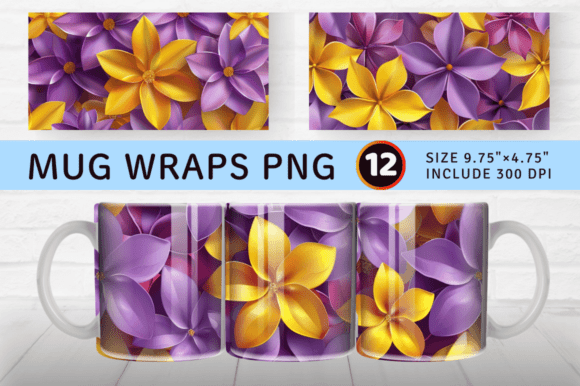 Purple Yellow 3D Flowers Mug Wrap Subl: A Vibrant Digital Template for Creators